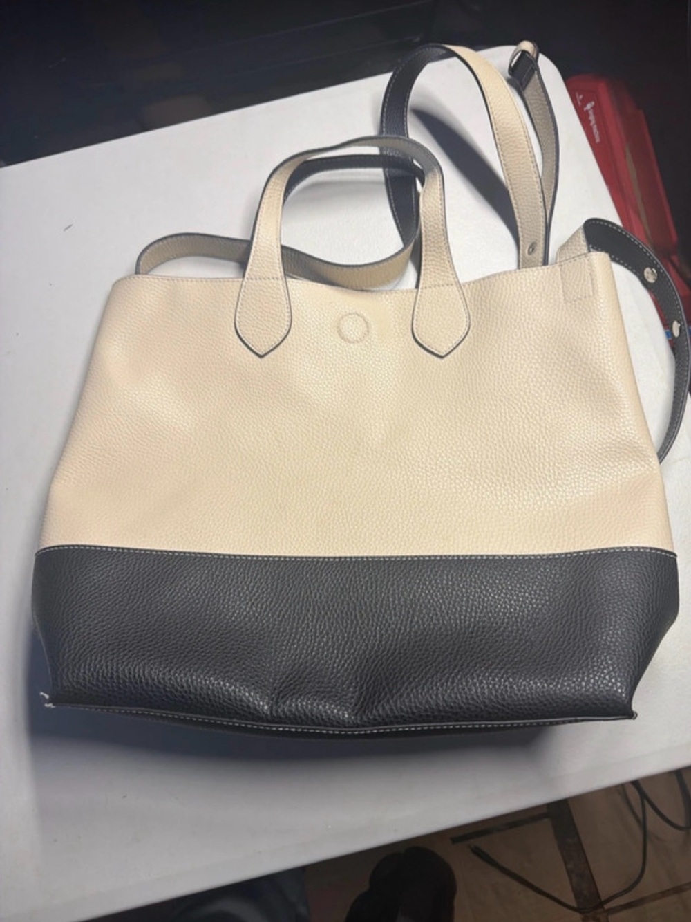 Two-Tone Cream and Black Structured Leather Tote - Picture 2 of 6